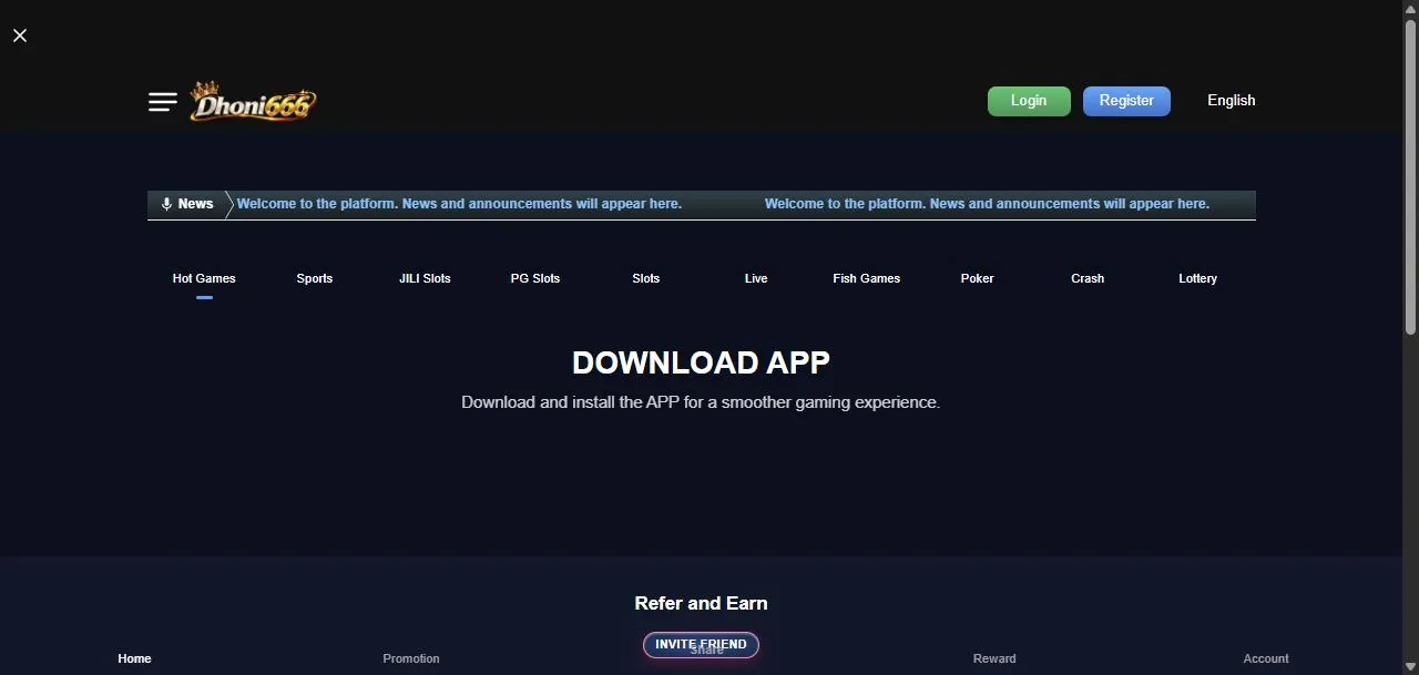 Dhoni666 — home screen of the live demo